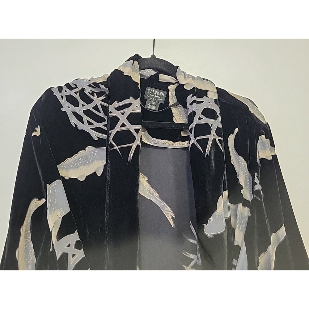 Citron Santa Monica Kimono Jacket Burnout Velvet Koi Fish Black Silk Blend 2X - Picture 4 of 13